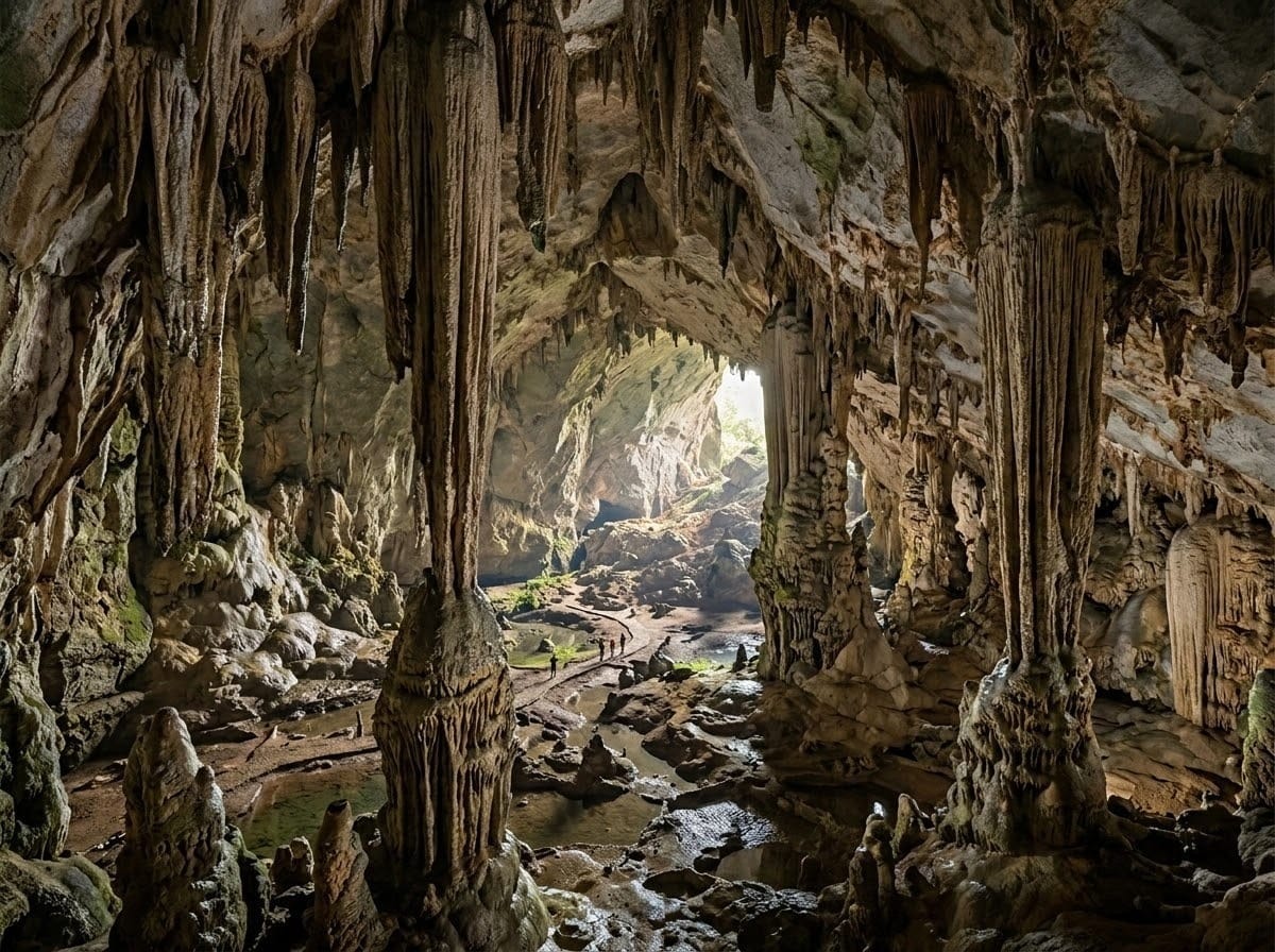 A breathtaking, wide shot inside a majestic natural cave with huge stalactites and stalagmites, subtle dramatic natural lighting coming from the entrance, highly detailed, professional photography style.