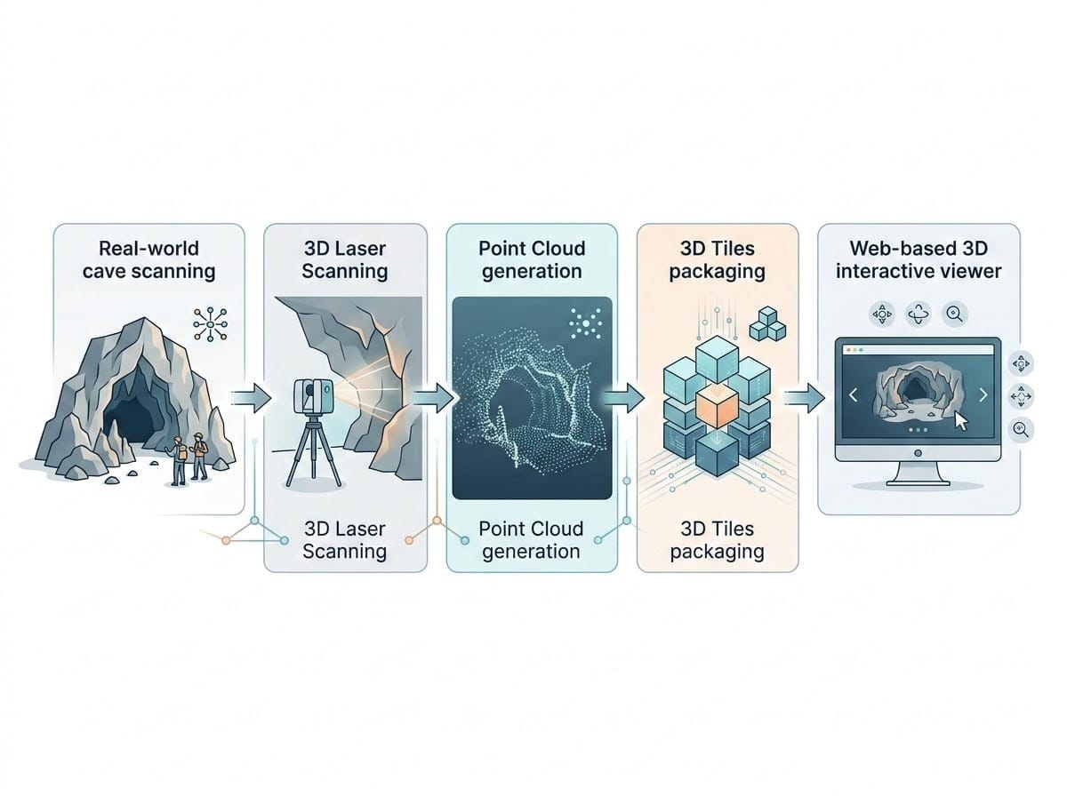 An infographic diagram showing the pipeline step by step: Real-world cave scanning -> 3D Laser Scanning -> Point Cloud generation -> 3D Tiles packaging -> Web-based 3D interactive viewer, modern digital flow diagram.