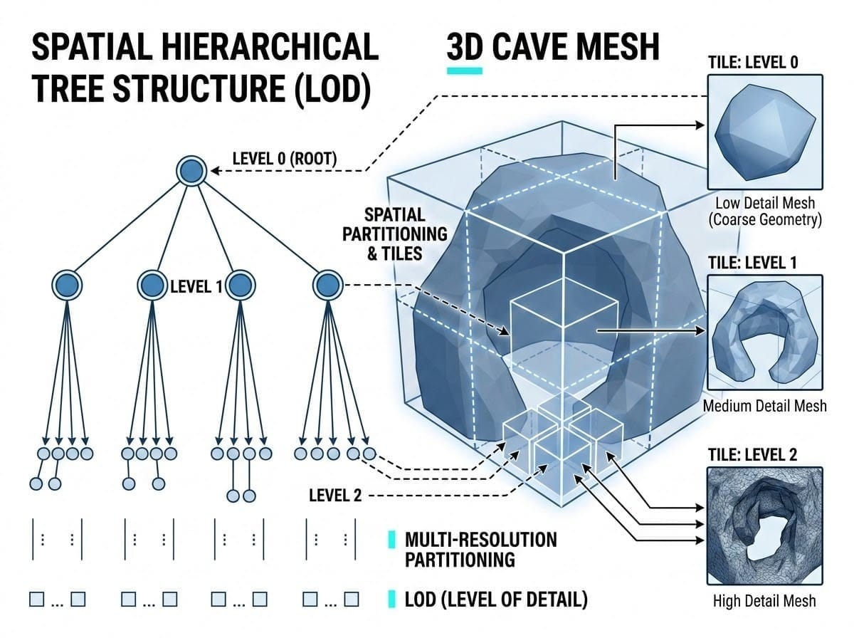 A technical diagram illustrating the 3D Tiles concept and spatial hierarchical tree structure (LOD - Level of Detail), showing a large 3D cave mesh partitioned into multi-resolution tiles, modern clean tech style.