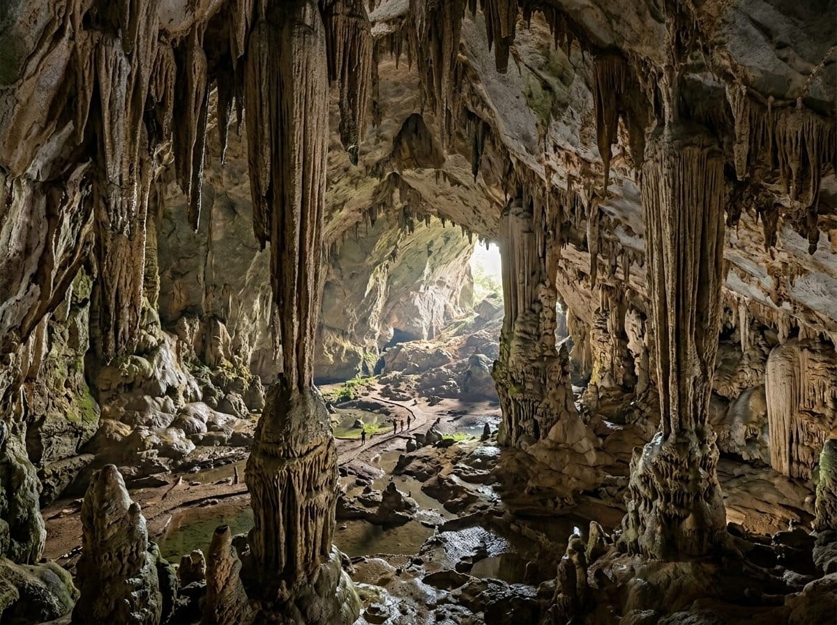 A breathtaking, wide shot inside a majestic natural cave with huge stalactites and stalagmites, subtle dramatic natural lighting coming from the entrance, highly detailed, professional photography style.
