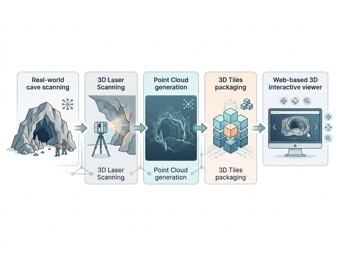 An infographic diagram showing the pipeline step by step: Real-world cave scanning -> 3D Laser Scanning -> Point Cloud generation -> 3D Tiles packaging -> Web-based 3D interactive viewer, modern digital flow diagram.